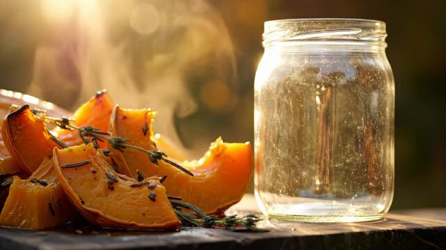 Steaming roasted pumpkin with fresh herb beside empty glass jar warm autumn sunlight, harvest outdoor rustic setting, cozy healthy organic vegetable