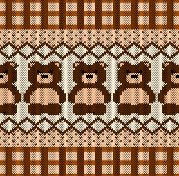 Cute seamless knitted pattern featuring a row of brown bears, flanked by Fair Isle and tartan plaid geometric bands. Cozy winter textile backdrop.