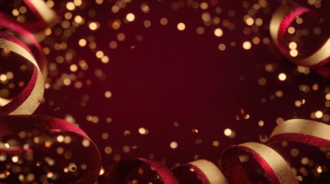 Red and gold streamers against a maroon background with golden confetti.