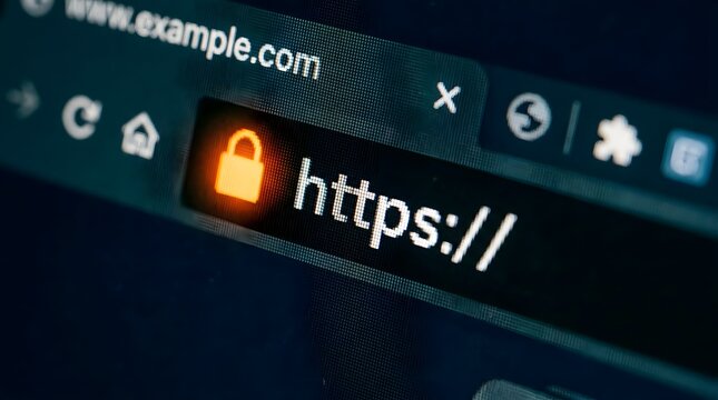 Secure website https url with orange padlock icon on dark browser toolbar with white navigation buttons