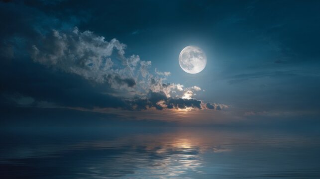 Large glowing full blue moon rising above soft cloud bank over calm ocean horizon, serene night seascape with deep blue tones, peaceful natural atmosphere, celestial beauty reflected across tranquil w