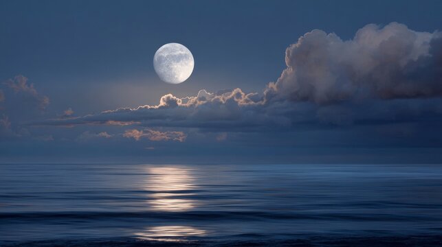 Large glowing full blue moon rising above soft cloud bank over calm ocean horizon, serene night seascape with deep blue tones, peaceful natural atmosphere, celestial beauty reflected across tranquil w