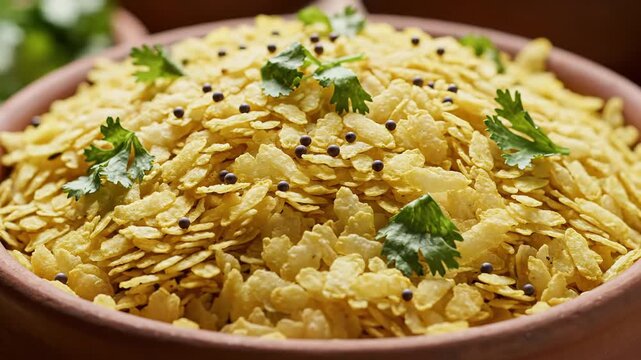 A close-up of poha, a savory Indian breakfast dish made from flattened rice, garnished with fresh cilantro and mustard seeds, served in a rustic clay bowl