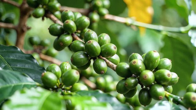 Closeup of unripe green coffee beans growing on a branch.