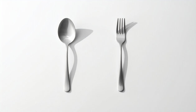 Spoon and fork placed parallel on white background in modern product photo