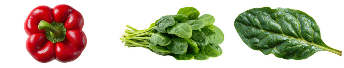 Fototapeta premium Fresh vegetables including red bell pepper and spinach leaves isolated on transparent background