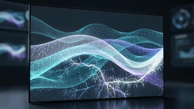 Screen in sharp focus revealing scenario analysis via quantuminspired simulation with secondary data displays softly fading into the background.