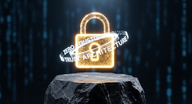 A glowing gold padlock with zero trust architecture on a rock