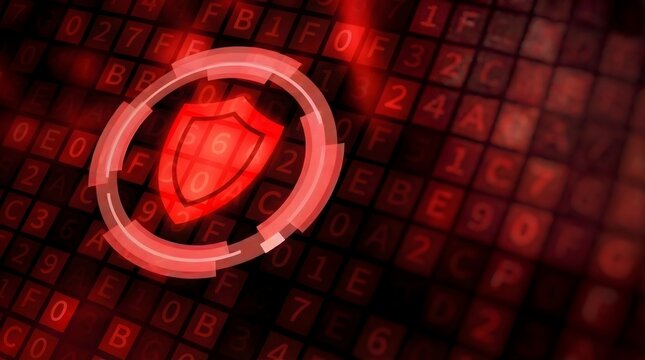 Glowing red shield icon on binary code background symbolizing cybersecurity and data protection with a futuristic digital mood