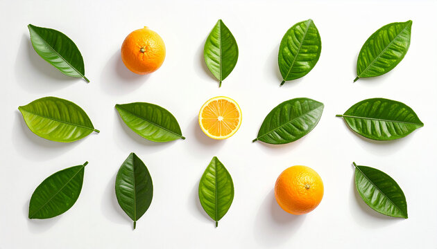 Top view of citrus fruits and leaves arranged neatly on white background
