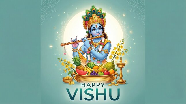 Happy vishu greetings. fruits decoration bowl. Kerala vishu festival vishukkani design. Creative vector illustration.