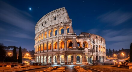 Naklejka premium The Ancient Roman Colosseum Lit Up at Night Under a Dramatic Blue Sky with Stars, Rome Italy