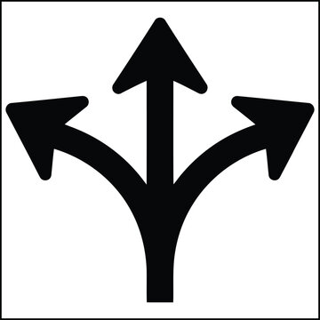 Split path arrow silhouette style pictogram for navigation, wayfinding and route selection design. choice, direction, divergence and movement symbol