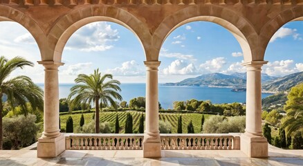 Fototapeta premium A scenic coastal view framed by elegant stone arches overlooking palm trees, vineyards, and distant mountains under a partly cloudy sky.