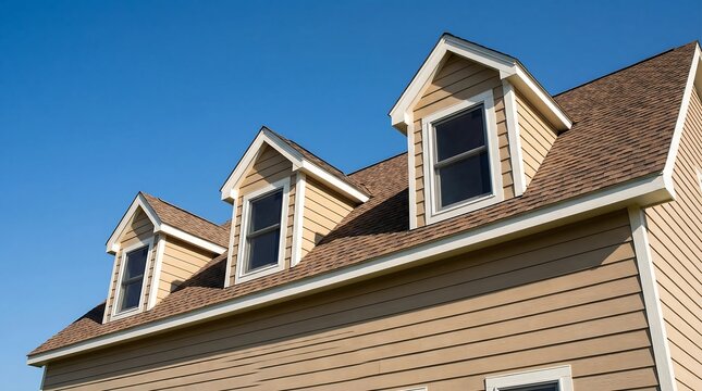 Closeup of house roof with three dormer windows on top