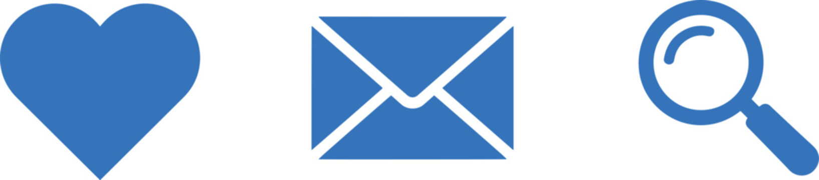 Blue interface icon set featuring flat heart envelope and magnifying glass symbols for web and mobile app navigation design