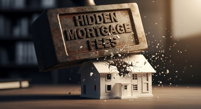 A large hammer with hidden mortgage fees crushing a small white house