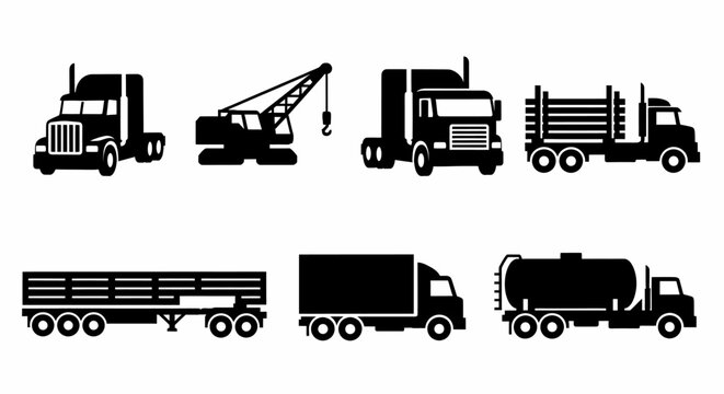Truck and Heavy Vehicle Icons Collection Representing Transportation Logistics and Industrial Freight Delivery