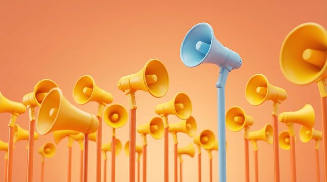 A blue megaphone stands out among many yellow megaphones on orange stands against an orange background with a single standout