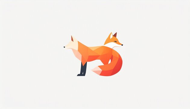 Modern geometric two-headed fox illustration. Abstract low-poly digital art animal design with orange and white colors on clean background.