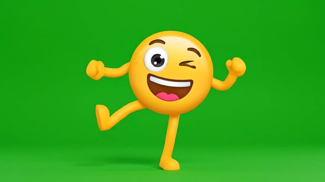 Joyful yellow emoji character with arms raised and winking eye, dancing energetically on a green screen background