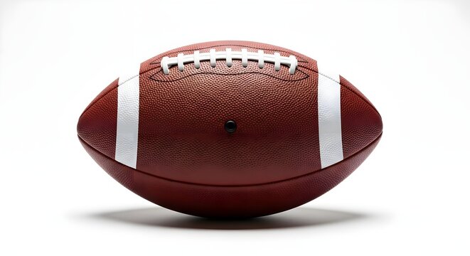 American football with white laces and stripes on brown leather surface isolated on white background for sports equipment advertising and editorial use