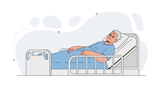 Elderly Man Lying in Hospital Bed, Feeling Unwell, Medical Care Illustration