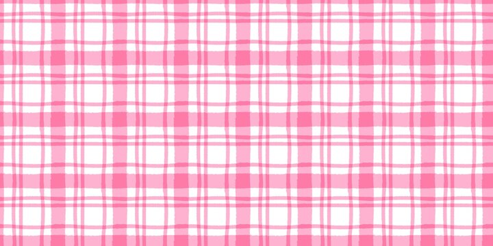 Seamless pink hand-drawn gingham plaid pattern. Cute watercolor checkered background for wallpaper, textile, and wrapping paper.