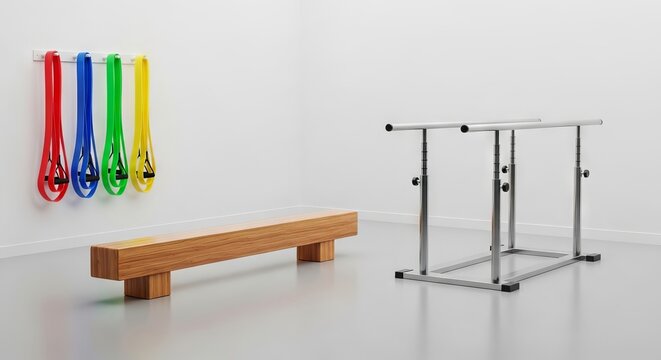 A brightly lit clinical space features a wooden balance beam, colorful resistance bands, and a set of parallel bars for physical recovery, wooden, support, bars