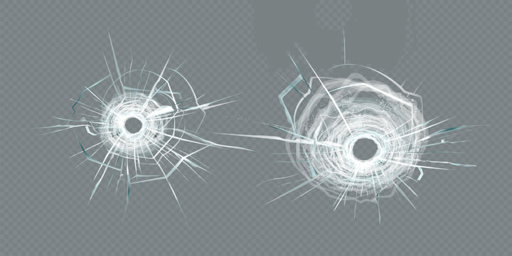 Broken glass triple bullet holes in glass isolated on black