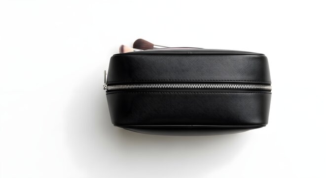 Black leather makeup bag with silver zipper and makeup brushes on white background for beauty product advertising and cosmetic storage solutions