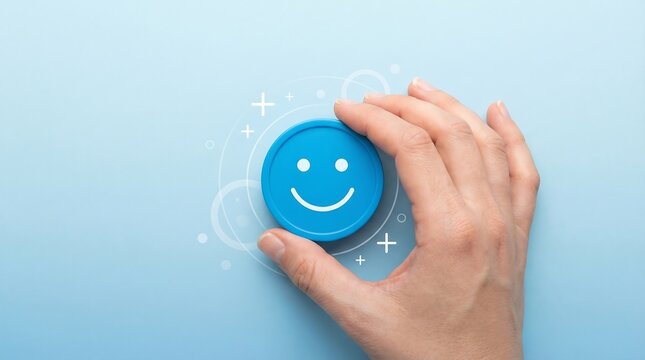 Hand pressing a blue smiley face button on a light blue background