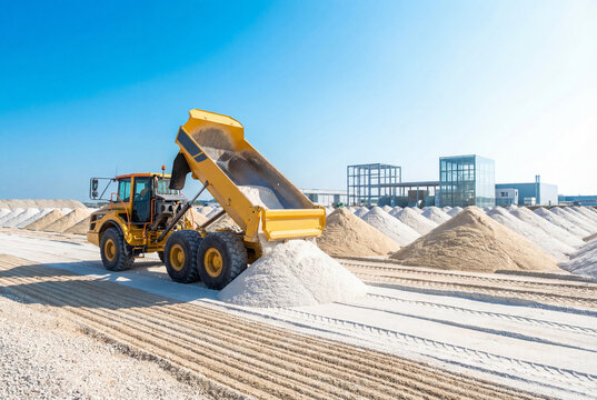 Yellow dump truck unloading a pile of white sand at an industrial storage site