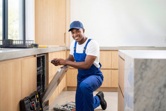 Smiling african american repairman fixing dishwasher with screwdriver in kitchen