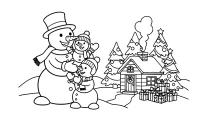 Fototapeta premium Christmas snowman family coloring book page vector with winter cabin and decorated trees isolated on white background