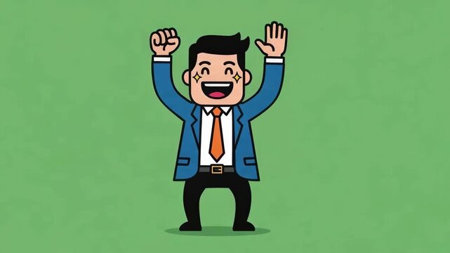 A cartoon businessman in a blue suit and orange tie celebrates with raised arms, expressing joy and triumph, ideal for marketing and advertising mater