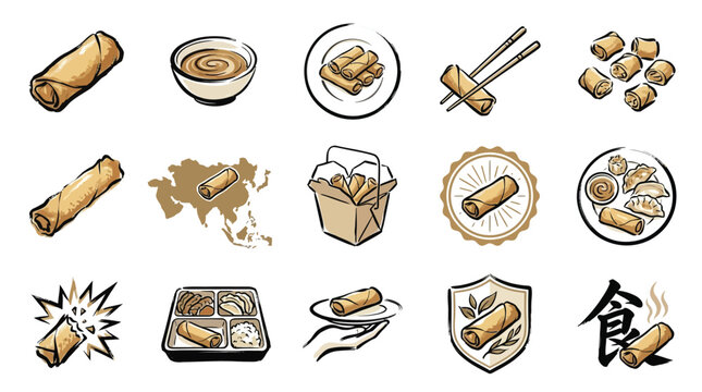 A collection of stylized illustrations depicting various aspects of spring rolls, from preparation to consumption and cultural representation.