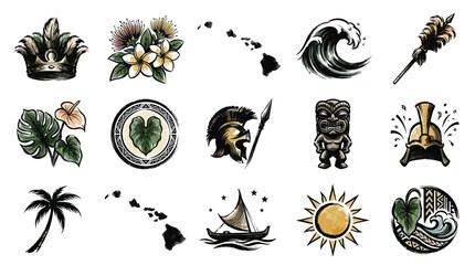 A collection of Hawaiian-themed graphic elements including a crown, flowers, islands, waves, a palm tree, a sailboat, and a sun. © Renald