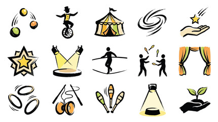 A collection of hand-drawn icons representing various circus and performance-related activities and symbols. © Renald