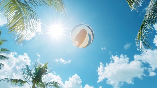 A beach volleyball soars in a sunny blue sky framed by palm trees and fluffy clouds.
