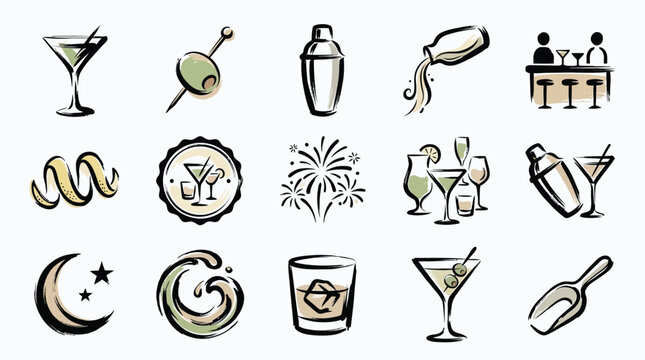 A collection of hand-drawn illustrations depicting various elements related to cocktails, bars, and nightlife.