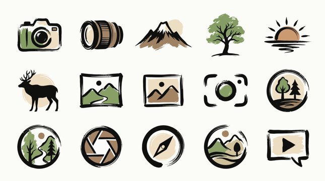 A collection of hand-drawn icons representing nature, photography, and outdoor activities, including cameras, lenses, mountains, trees, animals, and compasses.