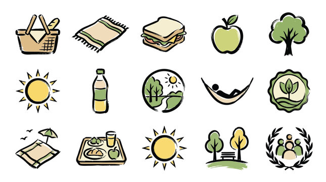 A collection of hand-drawn icons representing a pleasant outdoor picnic scene, featuring food, nature, and relaxation elements.