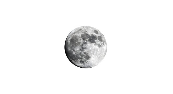 Detailed full moon against a stark white background, showcasing craters and lunar surface features.