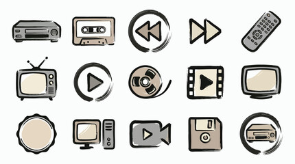 A collection of vintage and modern media playback and recording devices, including VCRs, cassette tapes, film reels, and remote controls, presented in a hand-drawn icon style. © Renald