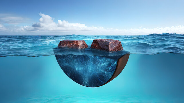 A cutaway Earth core reveals an azure ocean with floating islands, defying natural laws.
