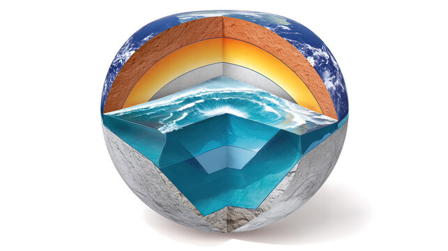 A cutaway Earth core reveals an azure ocean with floating islands, defying natural laws.
