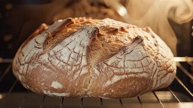 Closeup of Rustic Sourdough Bread Baking in a Hot Oven.