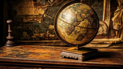 Fototapeta premium Detailed antique globe displayed on a wooden cabinet surface
