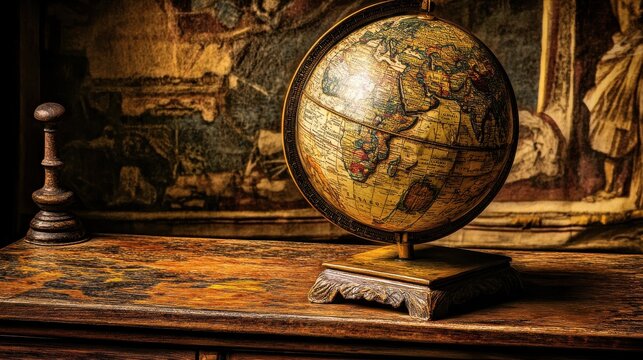 Detailed antique globe displayed on a wooden cabinet surface